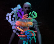 Human body surrounded by microorganisms