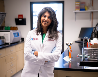 Nisha Iyer in her lab at Tufts University. photo credit: Tufts