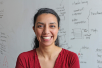 Portrait of Claudia Solís-Lemus, a plant pathology professor at UW–Madison, smiling in a professional headshot with a blurred academic setting in the background.
