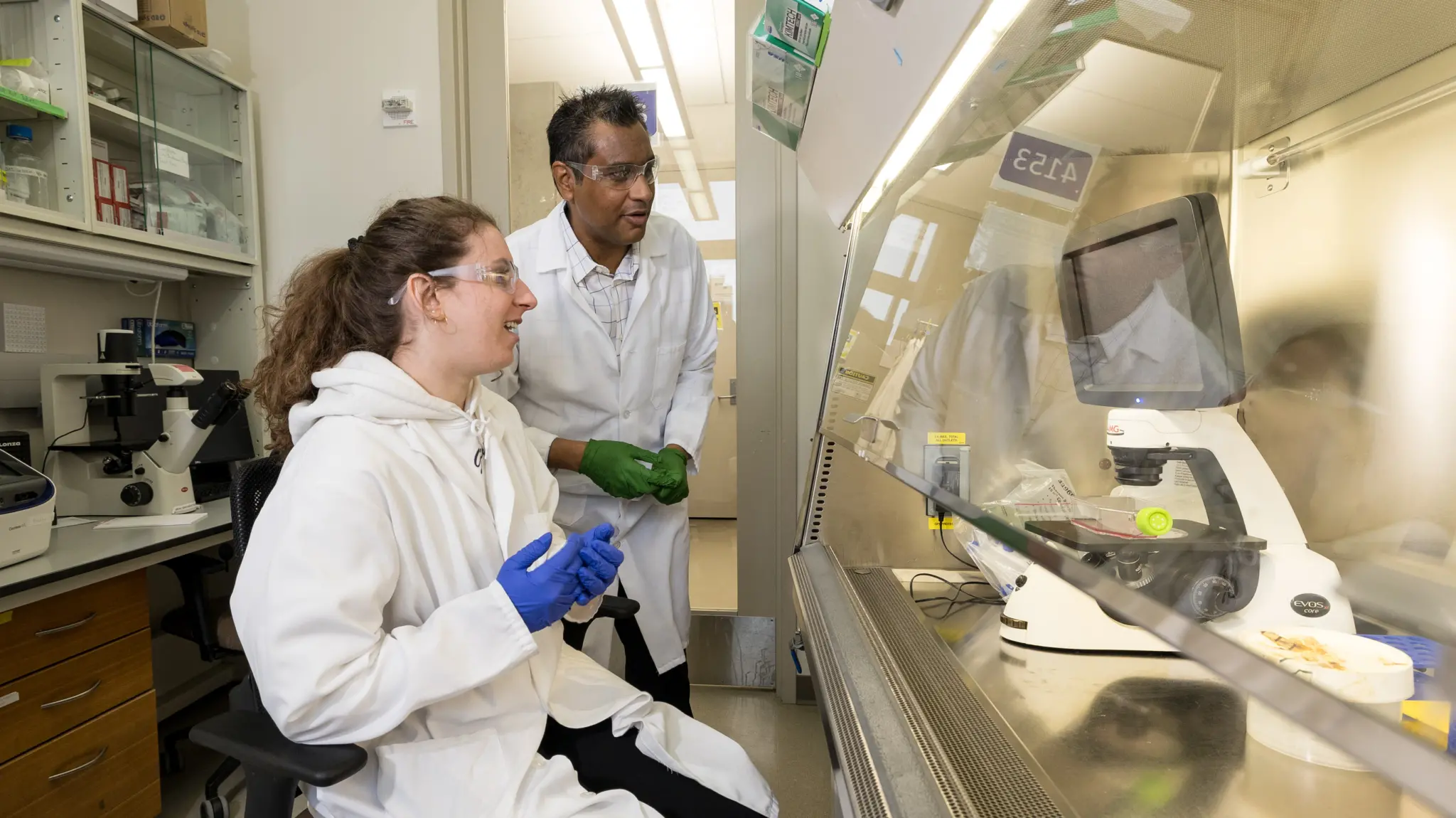 Anna Tommasi works with her PhD advisor, Professor Krishanu Saha, in the lab in the Discovery Building on the UW-Madison campus. Photo: Joel Hallberg.