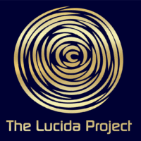 Lucida logo representing starry night.Concentric layers in a circle that are gold with a dark background, words say Lucida Project