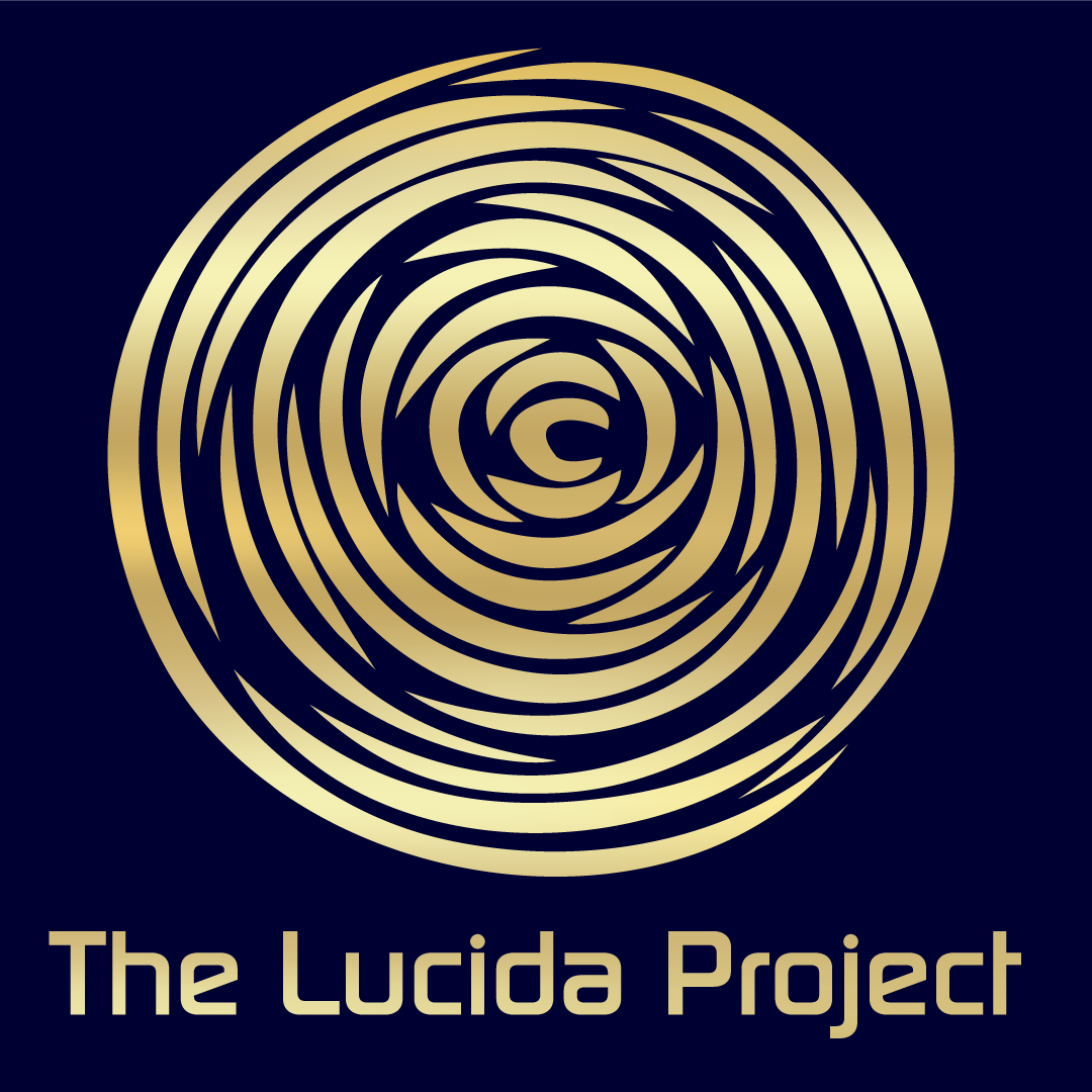 Lucida logo representing starry night.Concentric layers in a circle that are gold with a dark background, words say Lucida Project