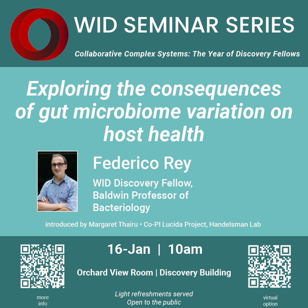 WID Seminar Series Federico Rey, Exploring the consequences of gut microbiome variation on host health, January 16, 2026, introduced by Margaret Thairu