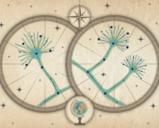 Art work with two circles intersecting and constellation tree like in green are in the middle. It is an artist depiction of gene networks.Katherine Baldwin with minor edits using generative AI tools. The caption was fine tuned with Microsoft Copilot.