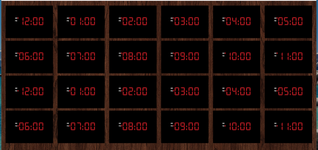 Landing page for 24 hours with wid showing all the different times on a digital clock