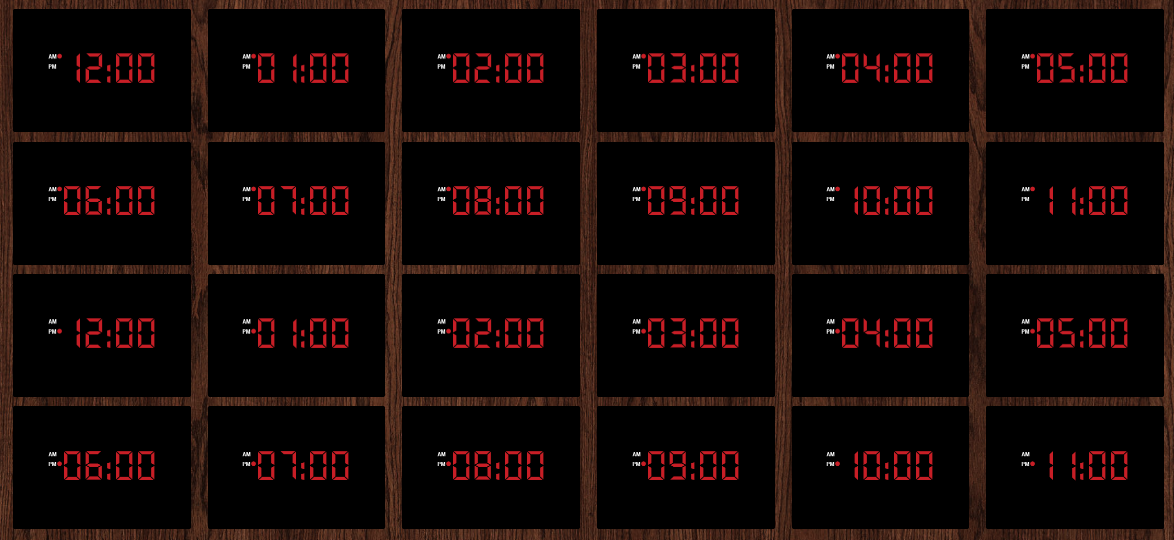 Landing page for 24 hours with wid showing all the different times on a digital clock
