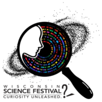 Theme logo for Wisconsin Science Festival 2026 featuring a magnifying glass, a galaxy, and an multicolored depiction of a genome
