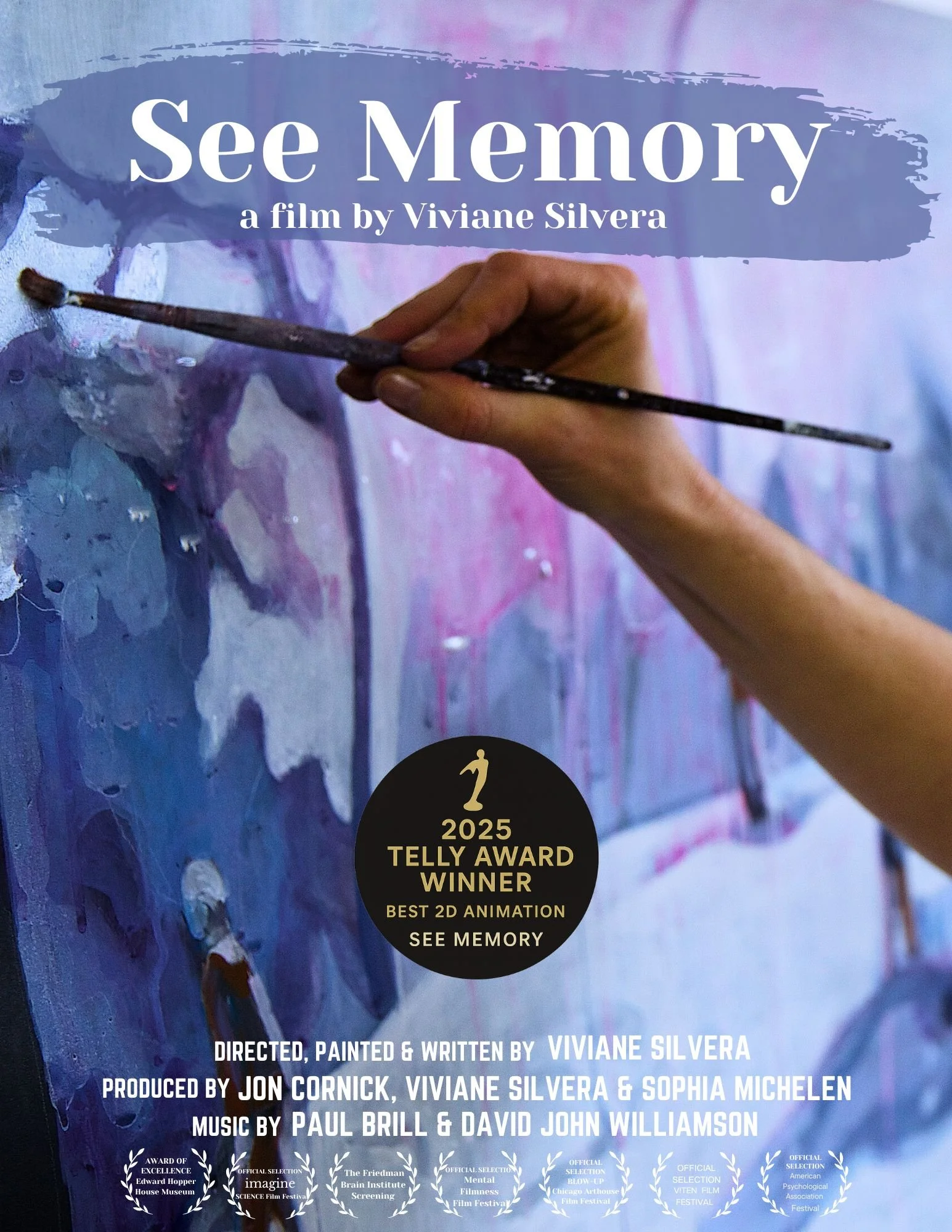 A hand holds a paint brush and is making a stroke on canvas.