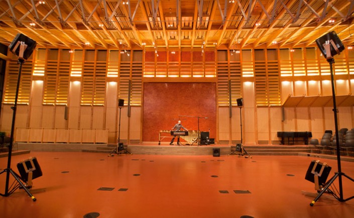 Bartlette playing the marimba in a large hall
