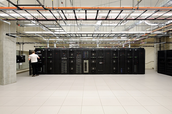 A climate-controlled room of computing nodes and infrastructure servers is pictured at the Wisconsin Institutes for Discovery (WID) at the University of Wisconsin-Madison on Nov. 28, 2011. (Photo by Jeff Miller/UW-Madison)