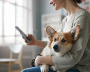 Side view of young female owner of corgi dog using mobile phone